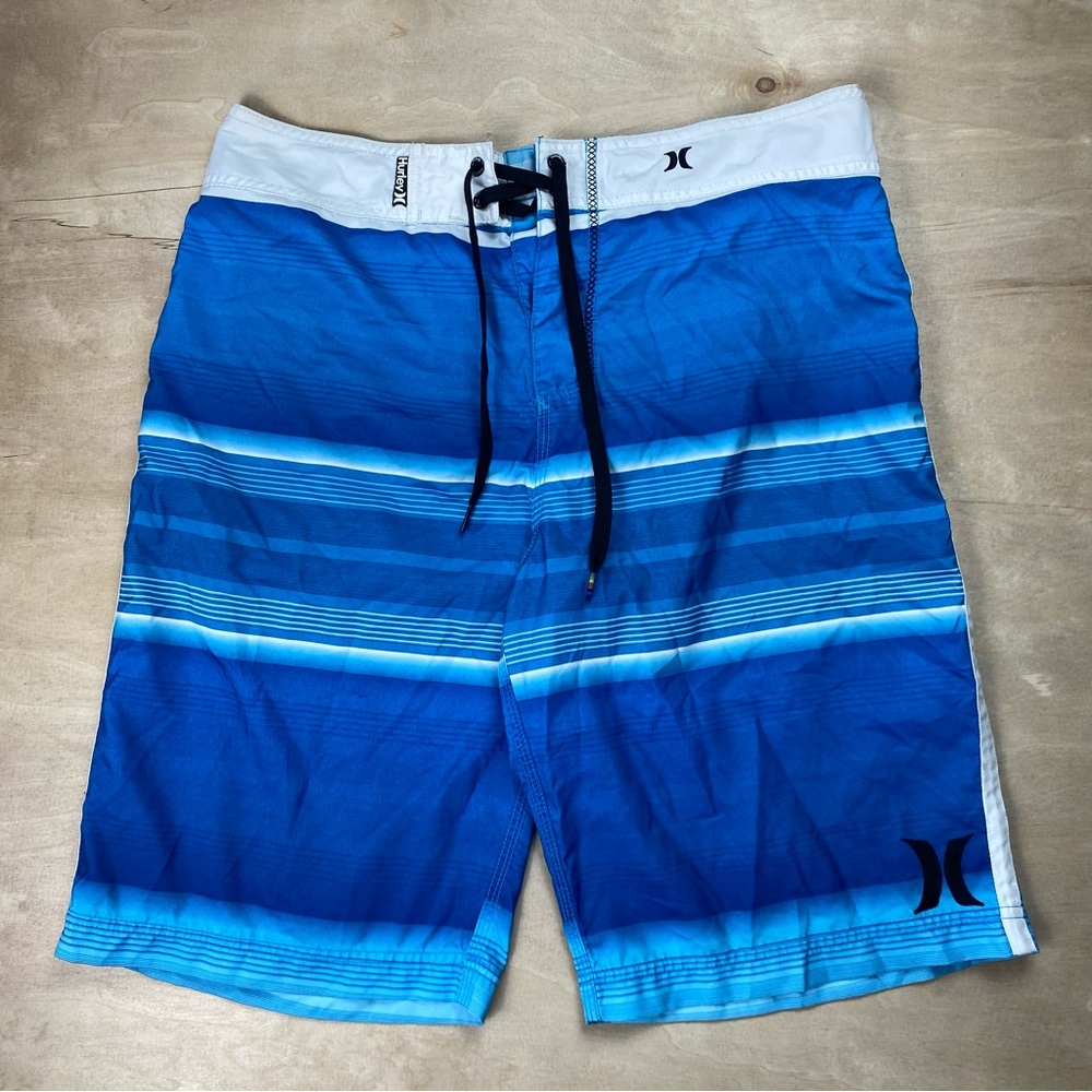 Hurley X Mens Swim Trunks Size 32 Drawstring Flat Front Stripe Board Shorts